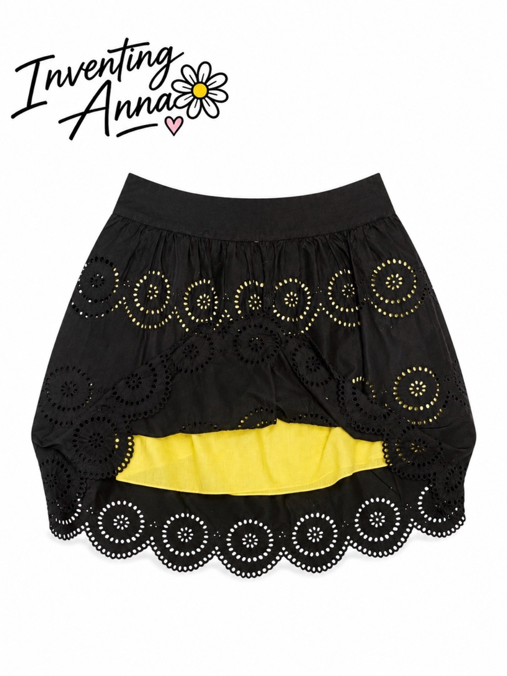 INC International Concepts Black and Yellow Punch Out Skirt w/Scalloped Hem